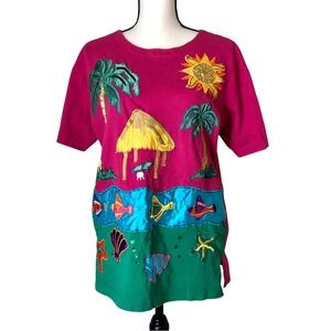 Bechamel‎ Shirt Womens Petite Medium Summer Vacation Beach Pink Shirt VNTG 90s